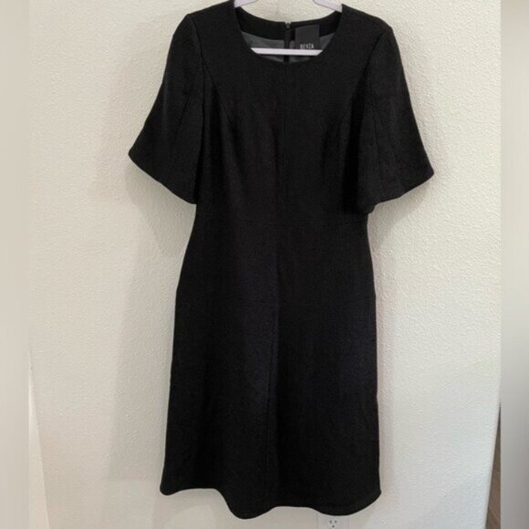 BEVZA Black Feminine Designer Sheath Mini Dress Textured Chic Silk Wool Blend - Picture 3 of 13